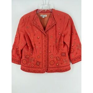Coldwater Creek Women's Orange Floral Embroidered 3/4 Sleeve Button Front Jacket